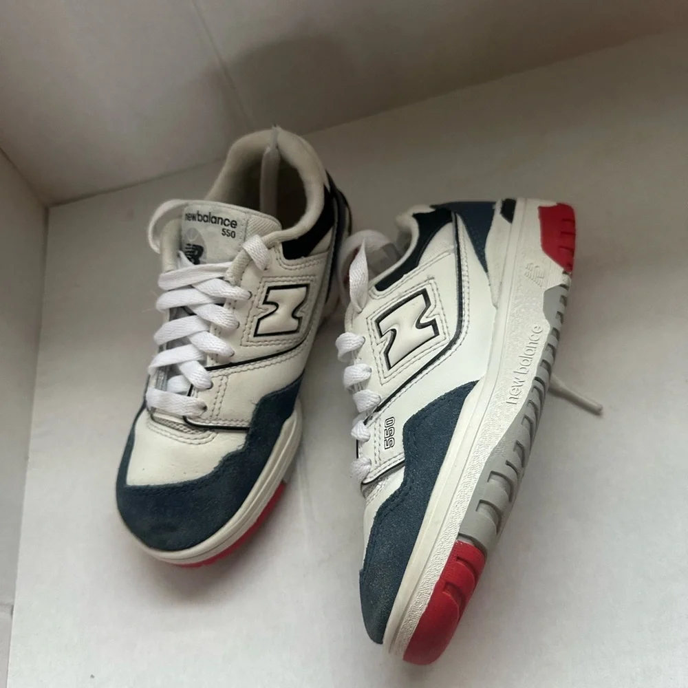 New Balance 550 Kids' Sneakers in White, Black, and Red size 12